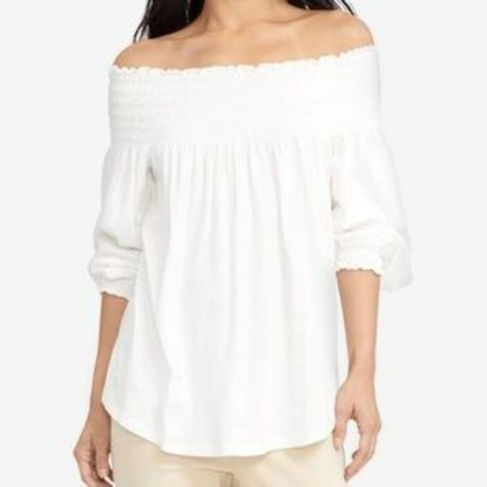LAUREN Ralph Lauren‎ White Off The Shoulder Smocked Long Sleeve Top Sz PM - EUC